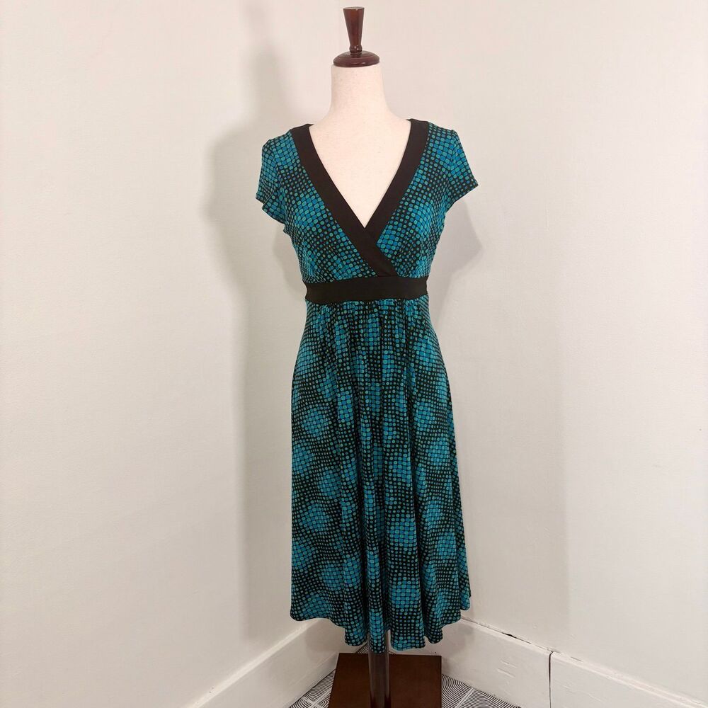 Maggy London Blue and Black Geometric Print Midi Dress Sz 10